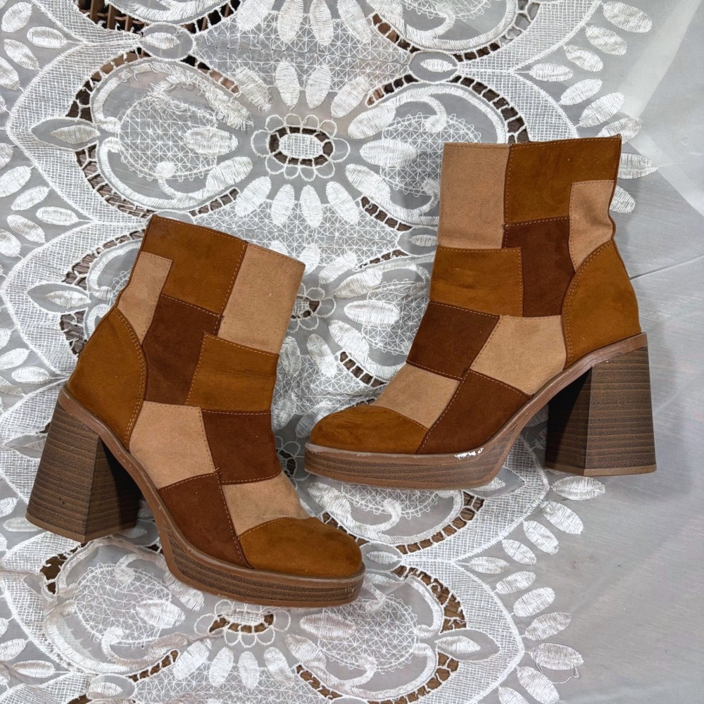Boho Fall Y2K Patchwork Ankle Boots Brown Tan Faux Suede Block Heel 65